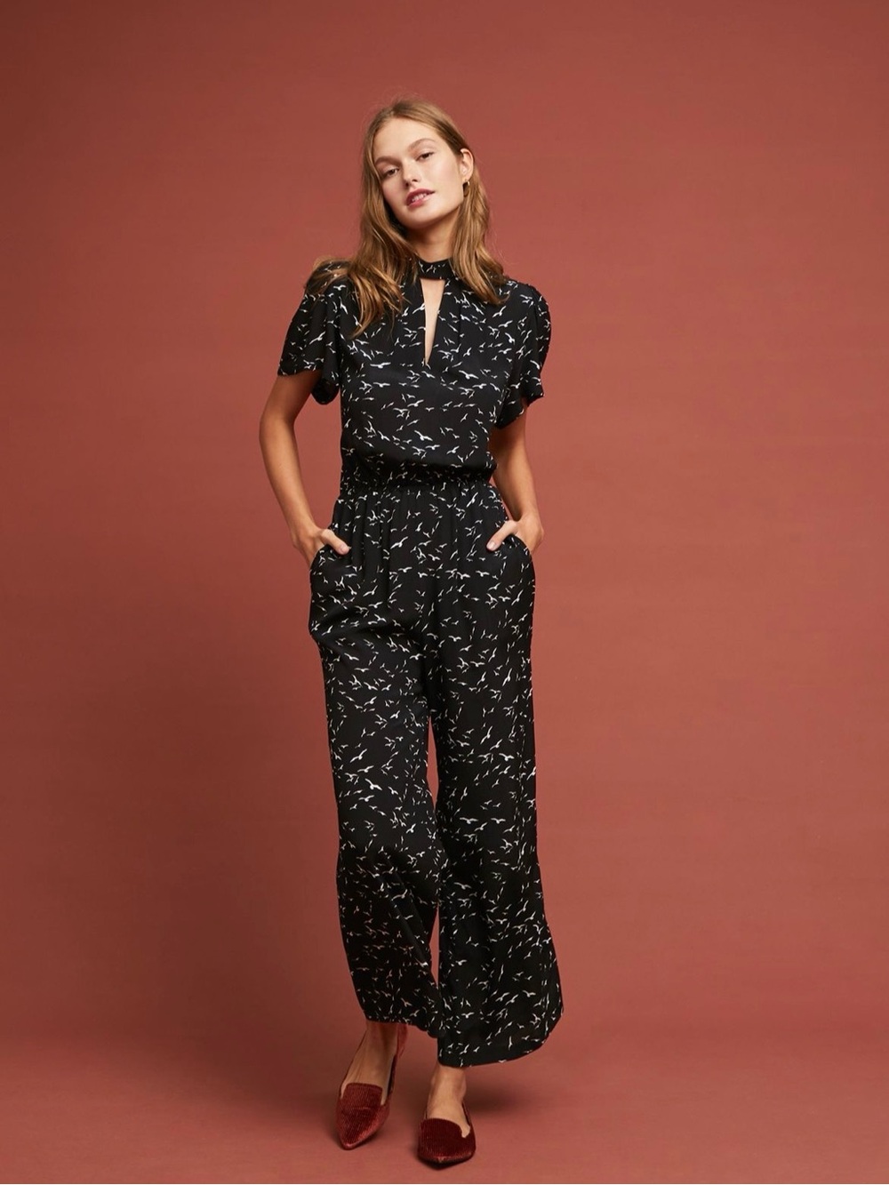 Anthropologie Karlie Black Printed Short-Sleeve Wide-Leg Jumpsuit with Keyhole